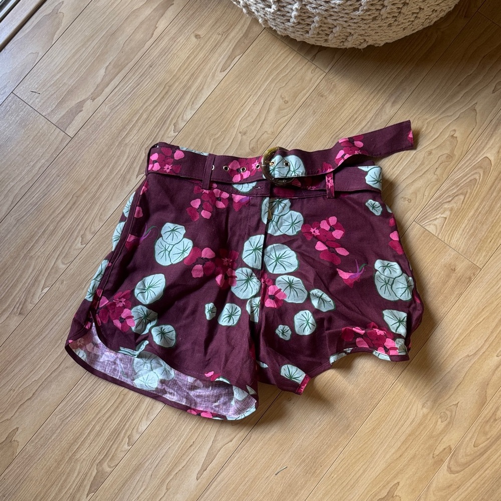 Floral High Waist Women's Shorts - Burgundy and Green